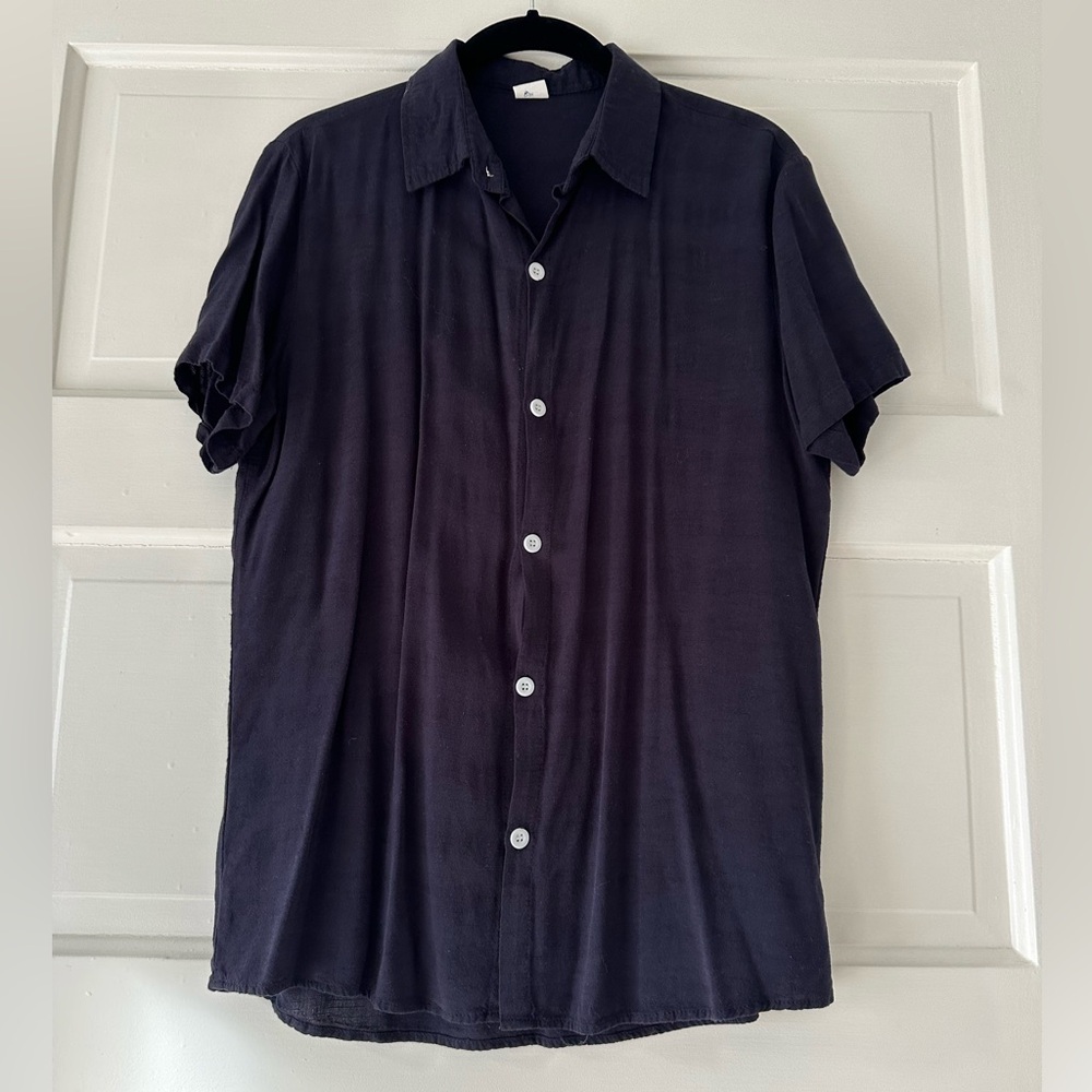 SHEIN short sleeve lightweight cotton/poly button down shirt in navy.
